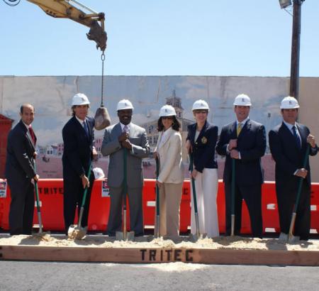 (left to right): Leg. Rob Calarco, Patchogue Village Mayor Paul Pontieri, Robert and James Coughlan of TRITEC Real Estate, Brookhaven Supervisor Mark Lesko, Rob Loscalzo of TRITEC Real Estate, and Patchogue Village Trustee Lori Devlin